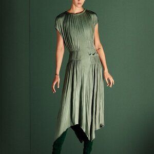 NWT ZARA Green New Midi Asymmetric Wrinkle Look Cocktail Dress SMALL